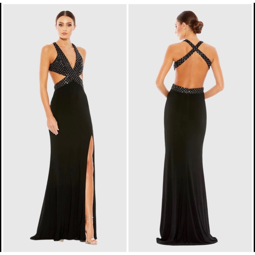 Mac Duggal Black Sequin Cutout Evening Gown Dress Slit Size 0 XS 68166